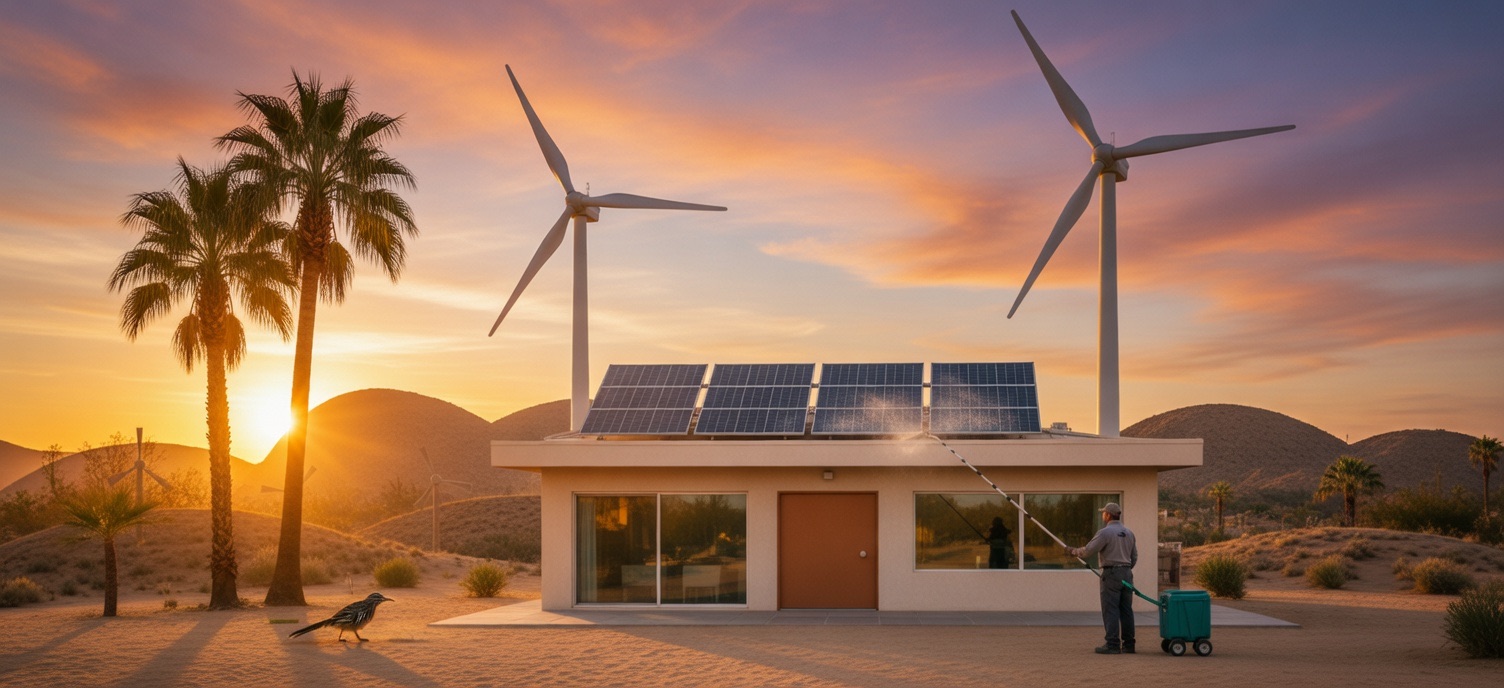 A technician rinsing rooftop solar panels with a water-fed pole at sunset beside a mid-century desert home, wind turbines and palms behind, a roadrunner crossing the sand