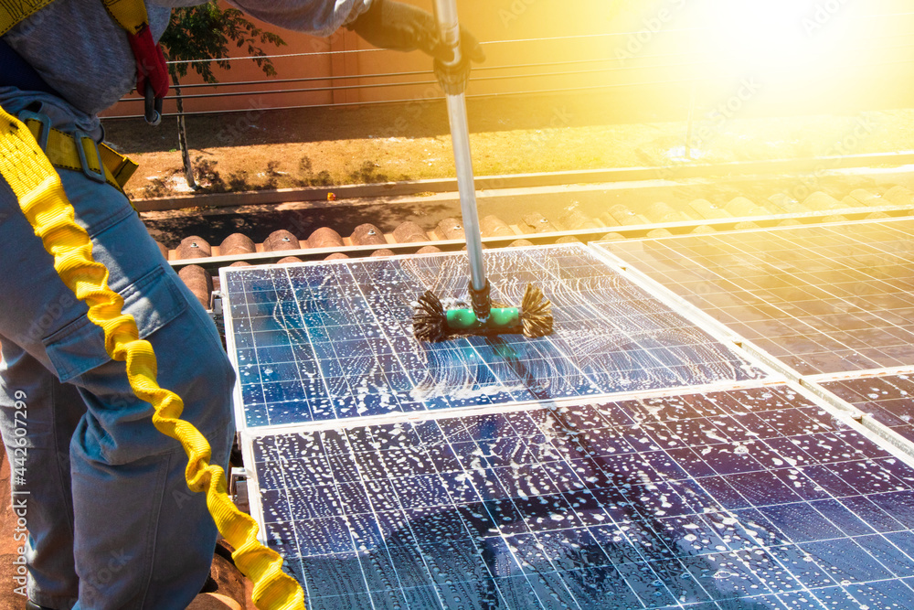Technician cleaning rooftop solar panels with a water-fed pole brush, half the array already spotless