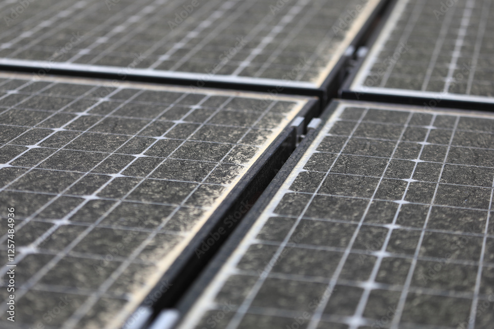 Solar array crusted with baked-on dust residue after a light rain